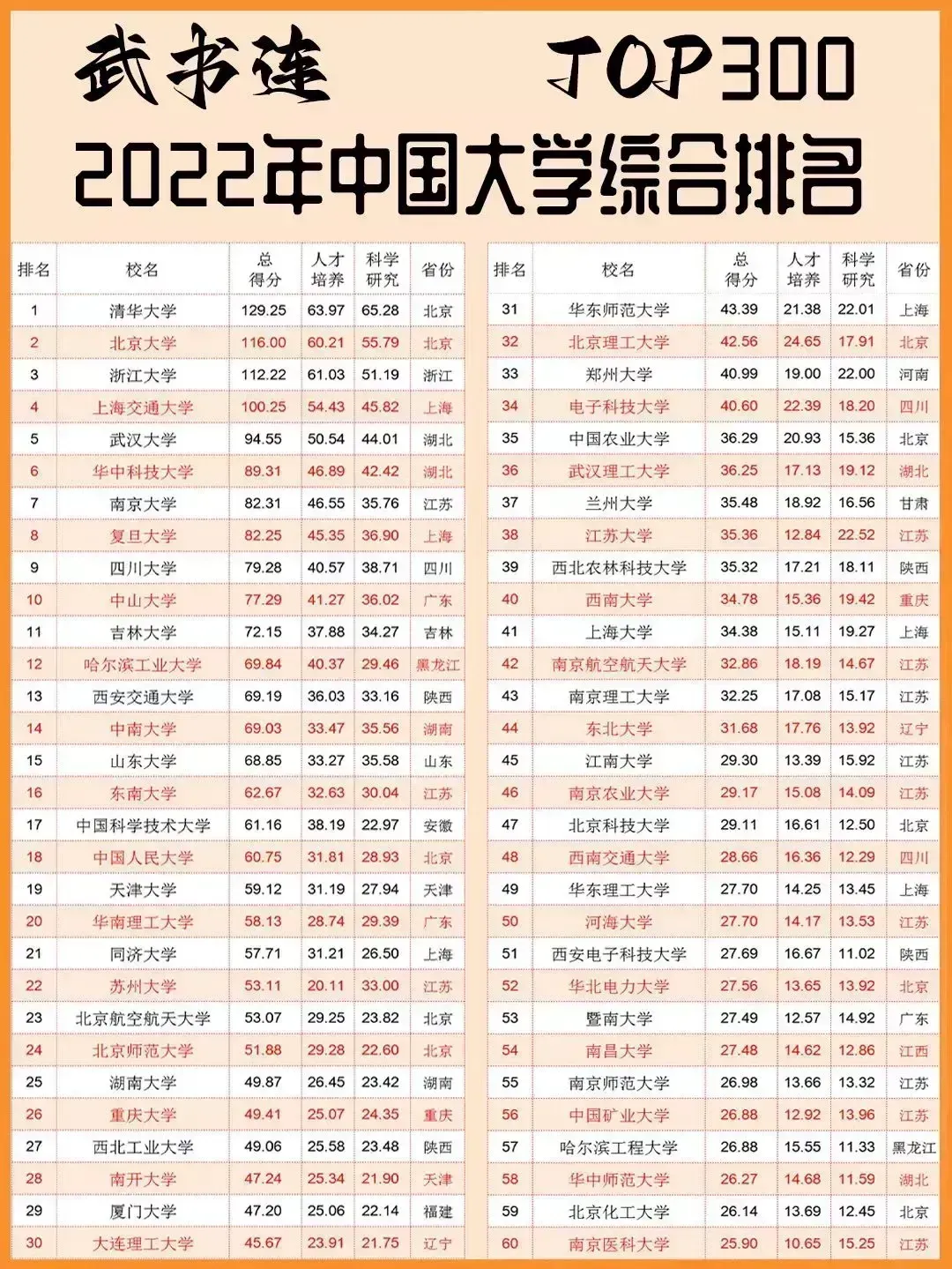 武书连2022年中国大学综合实力排名前100的榜单